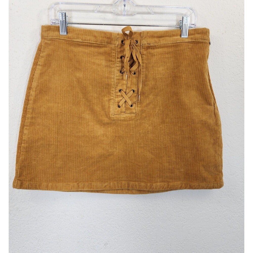 SO Mini Skirt Juniors 13 Mustard Yellow Corduroy Lace Up Corset Waist Boho Fall